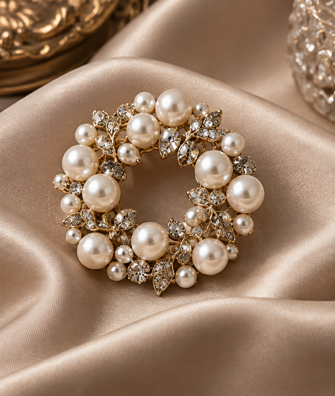 Pearl brooch styled for refined high-collar formalwear