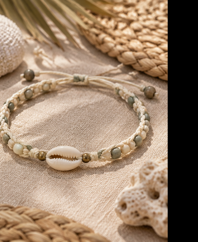 Woven cotton cord anklet with small shell detail