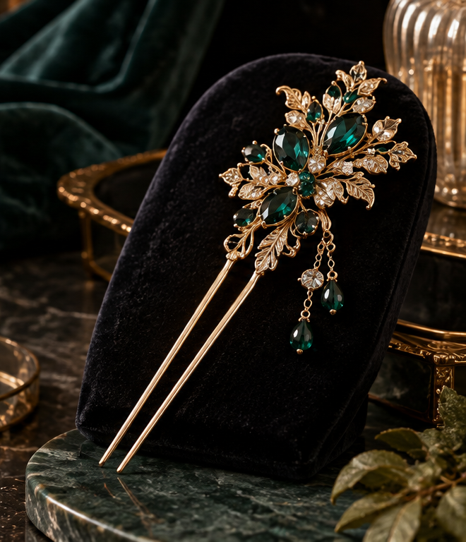 Emerald filigree hairpin for refined ceremonial styling