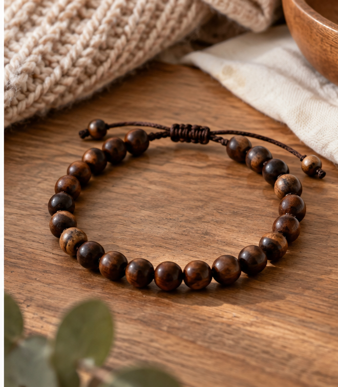 Natural wood bead cord bracelet with relaxed styling